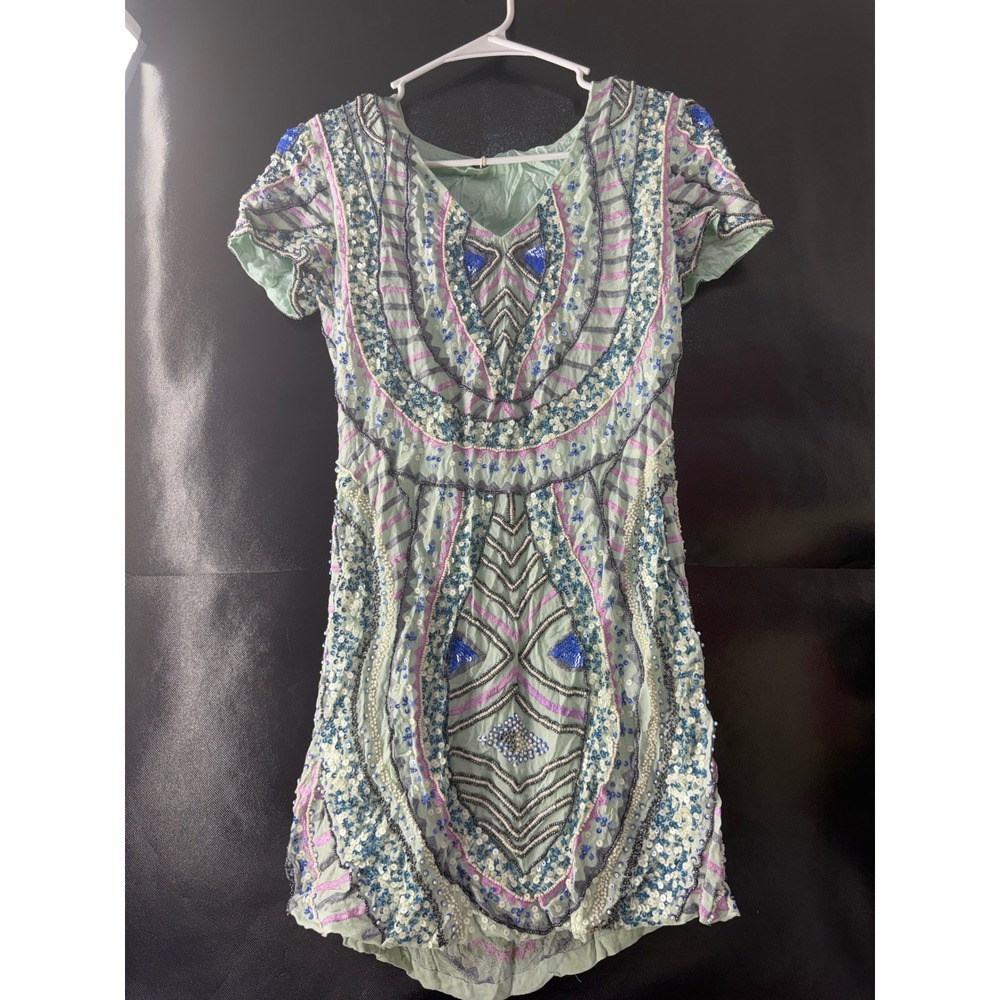 Antik Batik Mint Green Beaded Sequin Mini Dress V-Neck Boho Short Sleeve - Picture 2 of 12